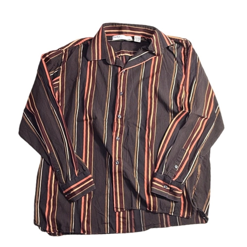 Perry Ellis Mens XL Brown Striped Cotton Button Down Long Sleeve Shirt-2235